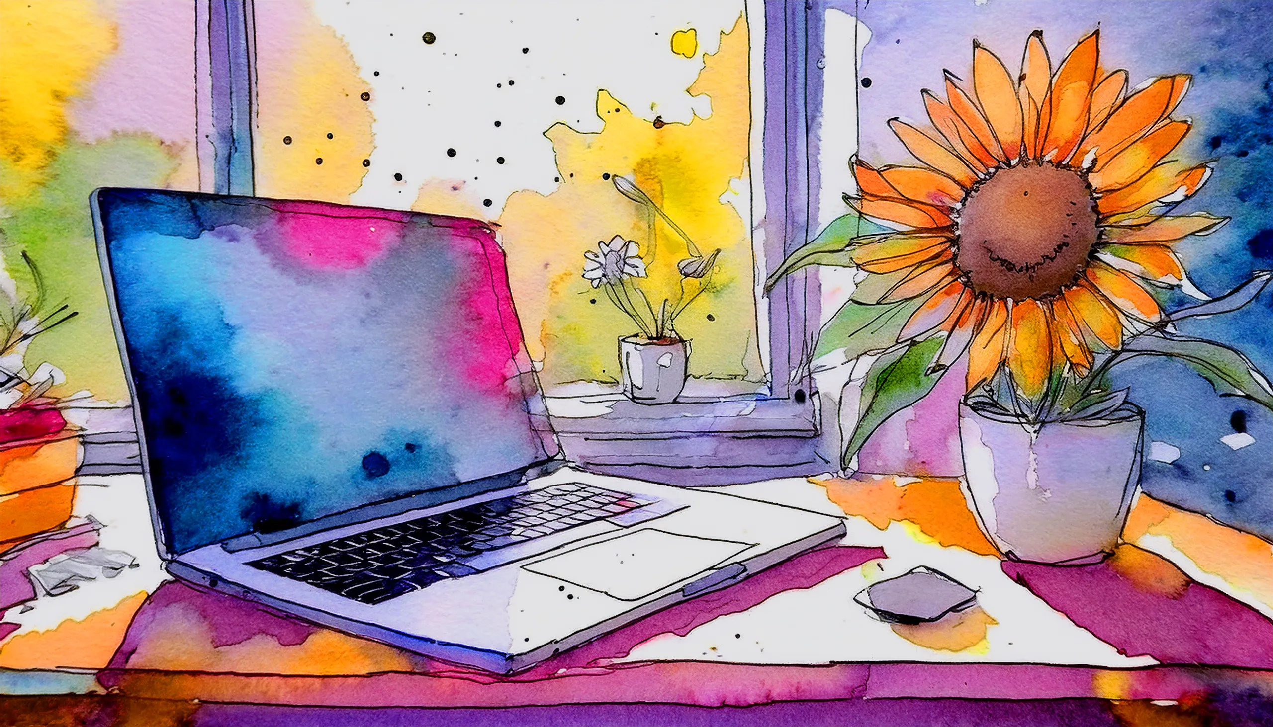 Stilisierte Zeichnung von einem Büro mit Fenster, Laptop und Sonnenblume.