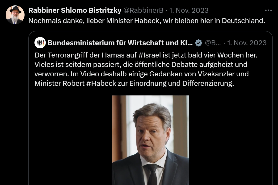 Blog | Danke Minister Habeck Screenshot vom Originalbeitrag auf X auf dem der Text "Nochmals danke, lieber Minister Habeck, wir bleiben hier in Deutschland" zu lesen ist.