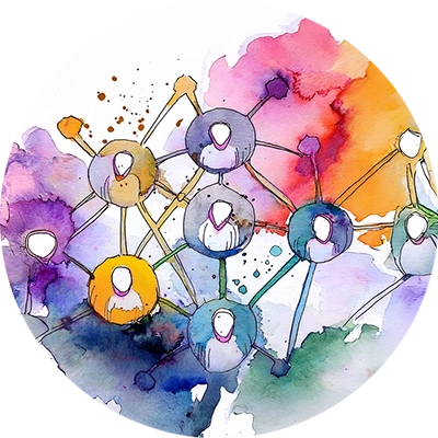 Thema | Demokratie Stilisierte Zeichnung von einem Netzwerk. Linien, die sich verbinden zu Kreisen, in denen Personen angedeutet sind.