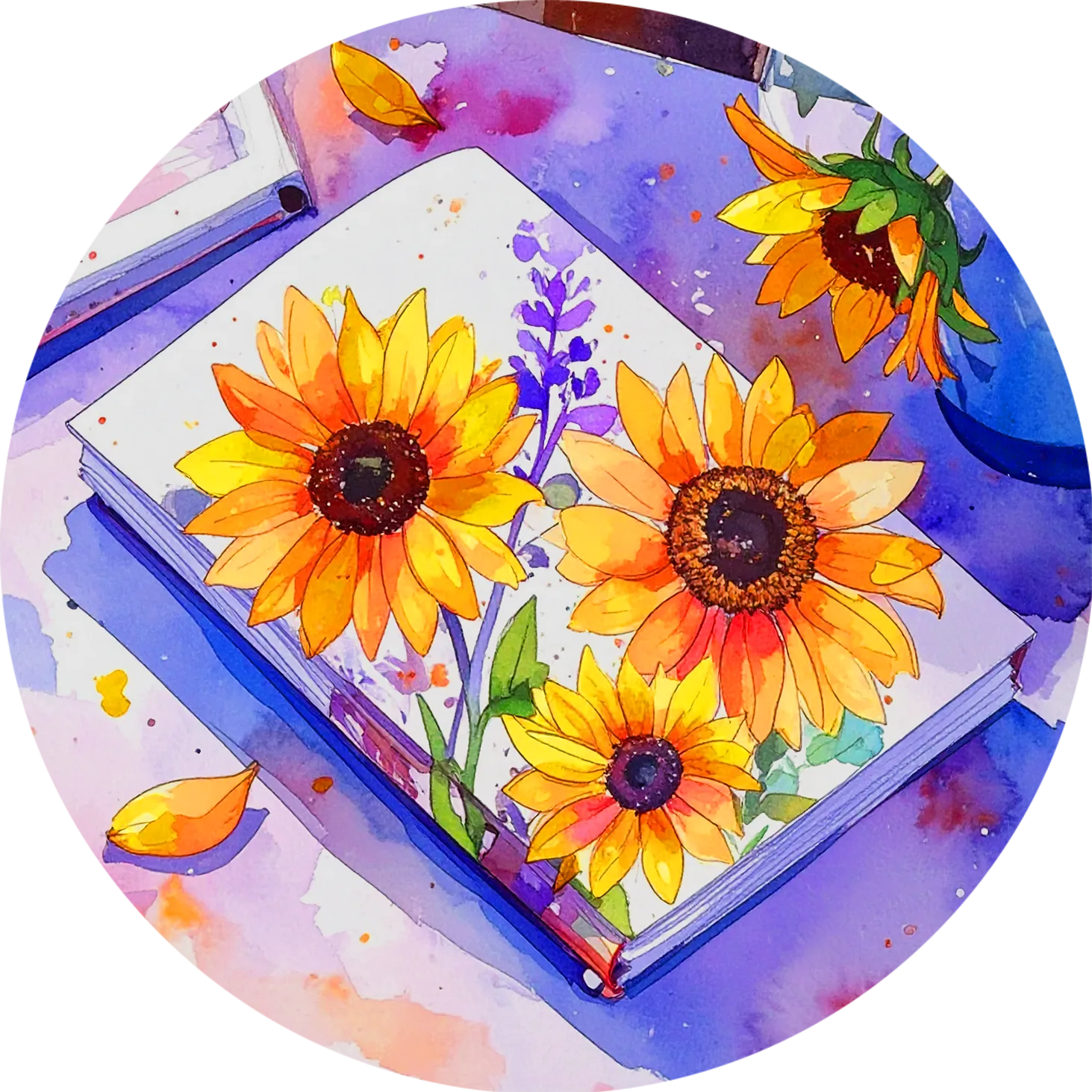 thema-pressemappe Stilisierte Zeichnung von einer Mappe mit Sonnenblumencover.